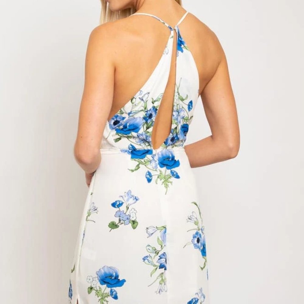 Stunning blue floral Maxi Dress with slit - Picture 3 of 4